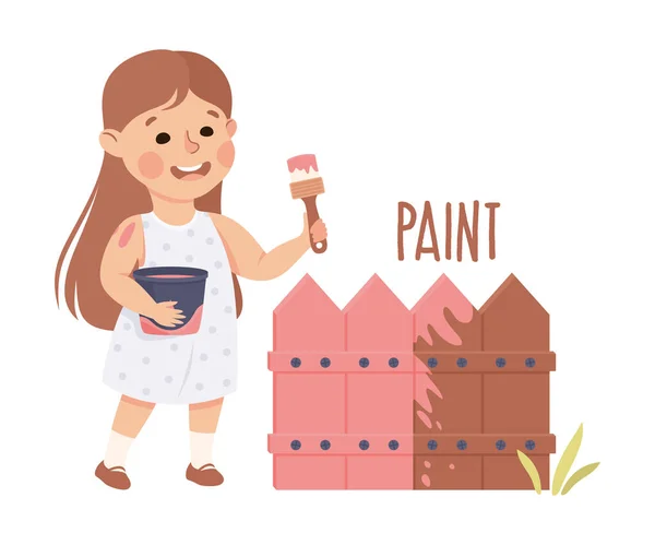Little Girl with Bucket and Brush Painting Fence Vector Illustration — Stock Vector