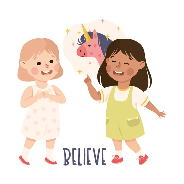 Little Girl Believing in Fairy Unicorn Creature Telling Her Agemate Vector Illustration — Stock Vector