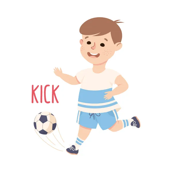 Little Boy in Sportswear Kicking Ball Playing Football Game Vector Illustration — Stock Vector