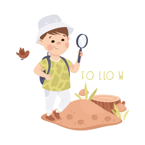 Little Boy with Backpack and Magnifying Glass Following Trace Vector Illustration — Stock Vector