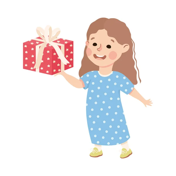 Malá dívka dává zabalené dárkové krabice gratulace k narozeninám vektorové ilustrace — Stockový vektor