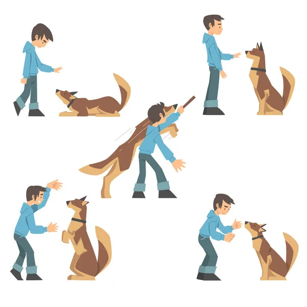 Joven chico entrenando a su perro enseñándole sentado en comando conjunto de vectores — Vector de stock