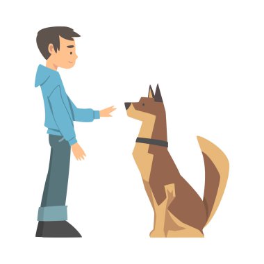 Genç çocuk köpeğini eğitiyor ona komut vektörü illüstrasyonunu öğretiyor