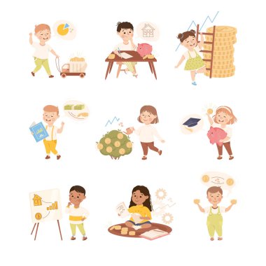 Ekonomik Eğitim ve Mali Okumuş Küçük Çocuklar Tasarruf Öğrenme ve Yatırım Vatandaşı Ayarları Yapıyor