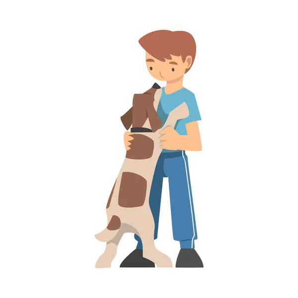 Joven chico entrenando su perro enseñándole comando vector ilustración — Vector de stock