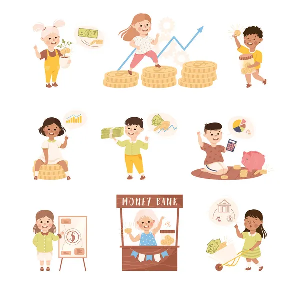 Little Kids Engaged in Economic Education and Financial Literacy Learning Saving and Investing Money Vector Set — Stock Vector