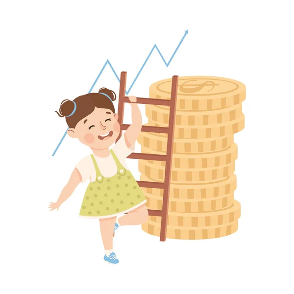 Menina Escada Escalada para o topo da pilha de moedas envolvidas na educação econômica e alfabetização financeira Aprendizagem Salvando e investindo dinheiro Vector Ilustração — Vetor de Stock