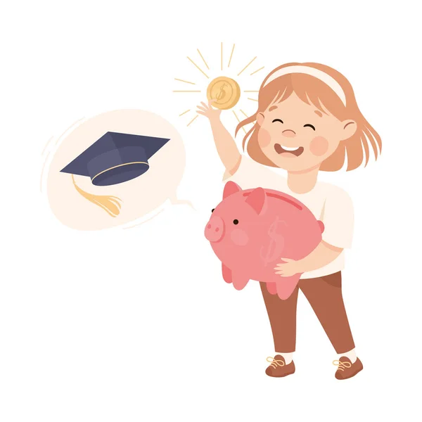 Menina colocando moeda em Piggy Bank Envolvido em Educação Econômica e Alfabetização Financeira Aprendizagem Salvando e Investir Dinheiro Vector Ilustração — Vetor de Stock