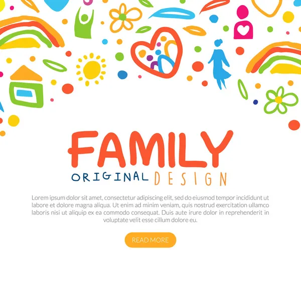 Bright Family Web Banner with Abstract Parent and Kid with Heart and Home Element Hand Drawn Vector Template — Stock Vector