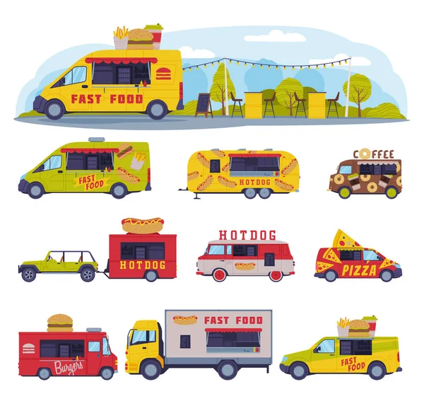 Food Truck as Equipped Motorized Vehicle for Cooking and Selling Street Food Vector Set — Stock Vector