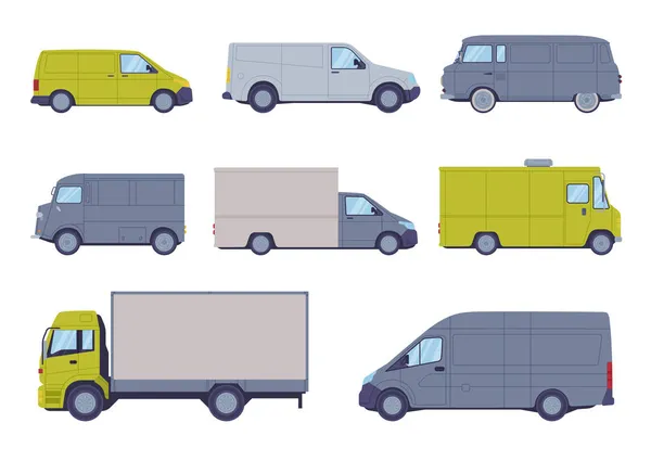 Φορτηγό τροφίμων ως εξοπλισμένο μηχανοκίνητο όχημα για το μαγείρεμα και την πώληση του δρόμου σετ διανυσμάτων τροφίμων — Διανυσματικό Αρχείο