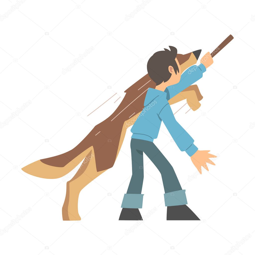 Young Boy Training His Dog Teaching Him Command Vector Illustration