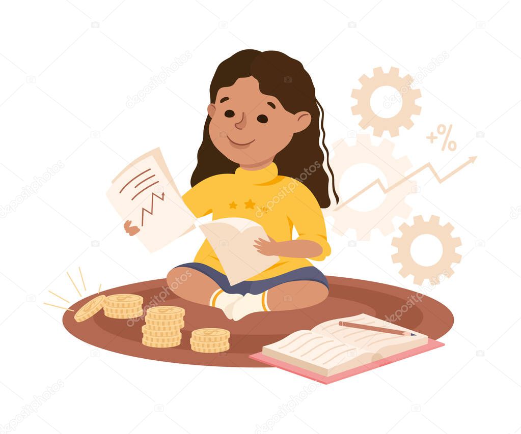 Little Girl Bookkeeping with Pile of Coins Engaged in Economic Education and Financial Literacy Learning Saving and Investing Money Vector Illustration