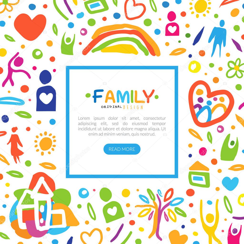 Bright Family Square Card with Abstract Parent and Kid with Heart and Home Element Hand Drawn Vector Template
