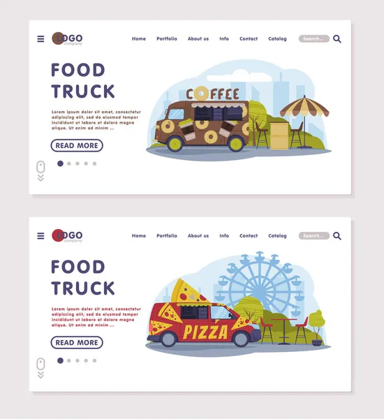 Landningssida med Food Truck som fordon för matlagning och försäljning Street Food Vector Mall — Stock vektor