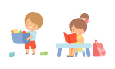 Sevimli Çocuklar Masa 'da Kitap Okur ve Oyuncak Vektörü Seti ile Kutu Taşır