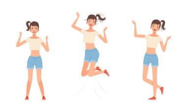 At kuyruklu Genç Kadın Farklı Duygu Vektörü Ayarları İfade Ediyor