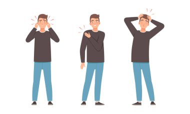 Farklı Acı çeken genç adam Başağrısı ve Kulak Ağrısı Vektör Kümesi