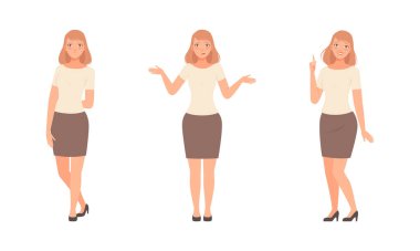 Farklı Duyguları İfade Eden Genç Kadın Mutlu Gülümseyen ve Omuz silken Vector Set