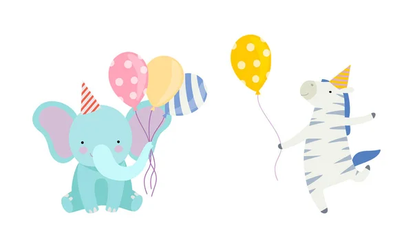Roztomilý slon a zebra nosící narozeninové klobouky držící balónky Oslava Holiday Vector Set — Stockový vektor