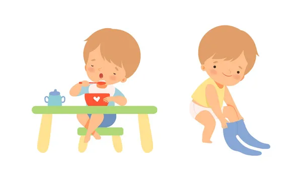 Adorables niños desayunando y poniéndose pantalones Vector Set — Vector de stock