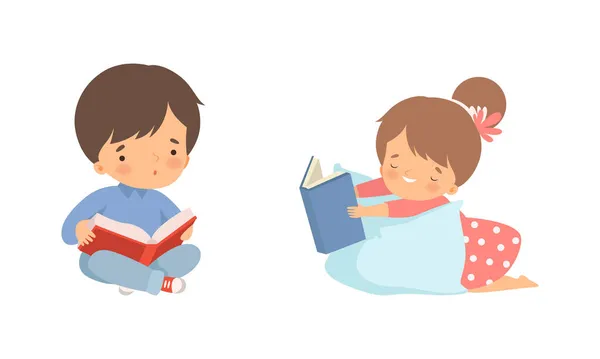 Niña y niño disfrutando de lectura libro conjunto de vectores — Vector de stock
