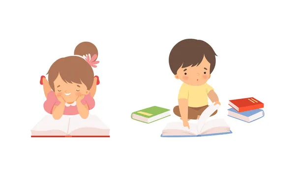 Little Girl and Boy Enjoying Reading Book Vector Set — Stock Vector