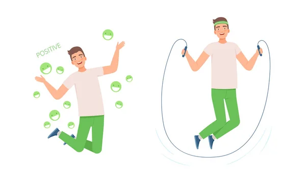 녹색 바지를 입은 긍정적 인 남자 점핑 Rope Leading Active Lifestyle Vector Set — 스톡 벡터
