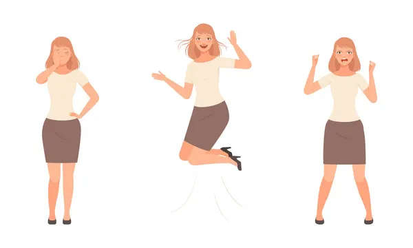 Jeune femme exprimant différentes émotions sautant avec joie et serrant le poing dans un ensemble vectoriel de colère — Image vectorielle