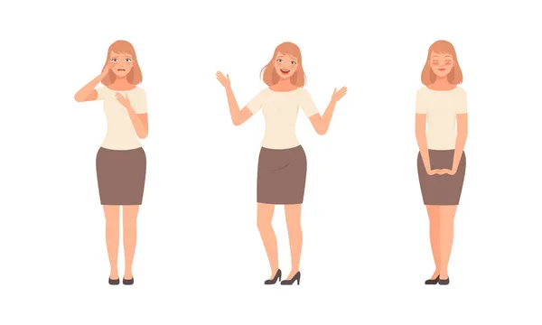Jeune femme exprimant différentes émotions pleurer et rire ensemble vectoriel — Image vectorielle