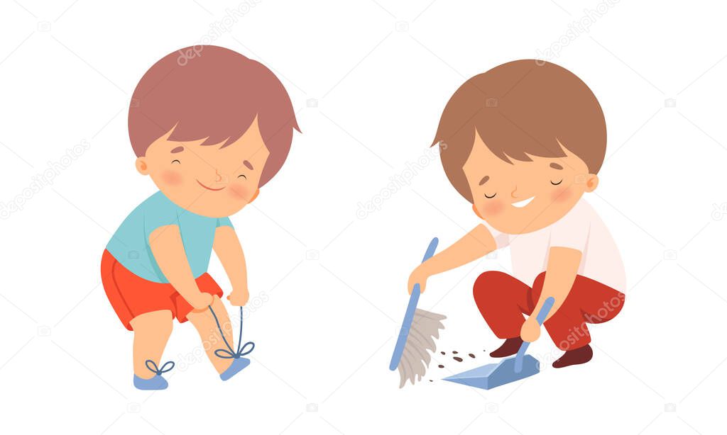 Adorable Kids Tie Shoelaces and Sweeping the Floor with Broom Vector Set