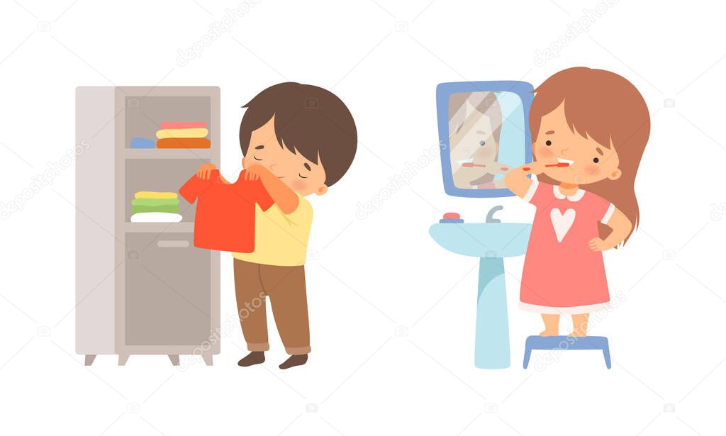 Adorable Kids Folding Clothes in Wardrobe and Brushing Teeth Vector Set.