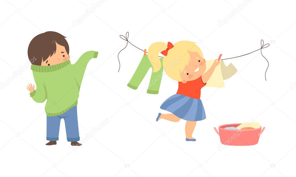 Adorable Kids Hanging Clothes on Rope and Changing Clothes Putting On Sweater Vector Set