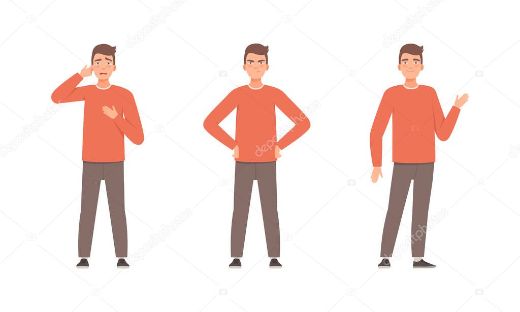 Young Man Expressing Different Emotion Waving Hand and Crying Vector Set