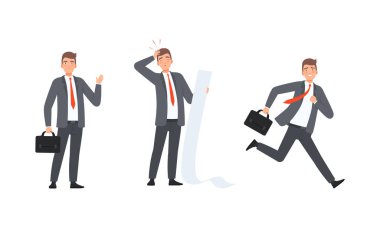 İş Adamı ya da Ofis çalışanı Takım Elbise ve Kırmızı Kravat Giyen Evrak Çantası ve Çalışan Vektör Seti