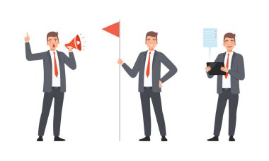 İşadamı ya da Ofis çalışanı Takım Elbise Giyen ve Kırmızı Kravat Bağlayan Megaphone ve Kutup Vektörü Takımında Bayrak Tutma