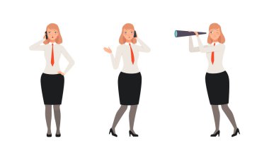 Kadın Ofisi Çalışan Karakteri Takım Giyen ve Kırmızı Kravat Giyen Spyglass İzleyen ve Konuşan Telefon Vektörü Ayarları