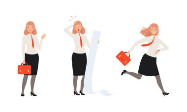 Kadın Ofisi Çalışan Karakteri Takım Elbise Giyme ve Kırmızı Kravat Çalıştırma ve Çanta Vektörüyle Durma