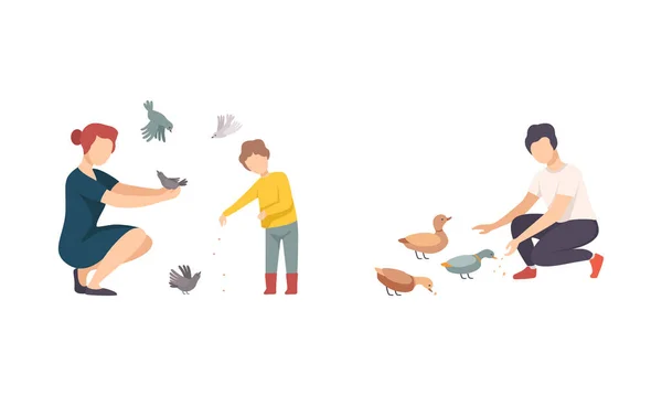Menschen füttern Vögel mit Krümeln — Stockvektor