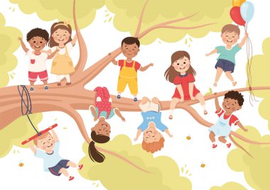 Ağaç dalında Mutlu Çocuklar Yaz Vektörü İllüstrasyonunun tadını çıkarıyor.