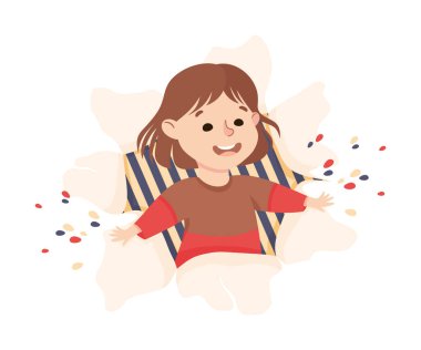 Neşeli Kız Konfeti Patlayıcı Vektör İllüzyonuyla Yırtık Kağıt Deliğinden Bakıyor