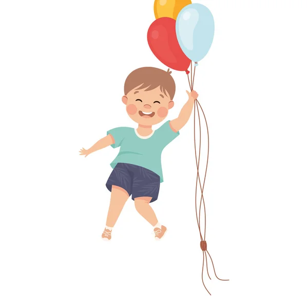 Glad pojke som flyger i luften med en bunt leksaksballonger vektor Illustration — Stock vektor
