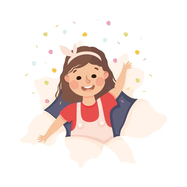 Cheerful Girl Looking Through Torn Paper Hole with Confetti Explosion Vector Illustration — Stock Vector