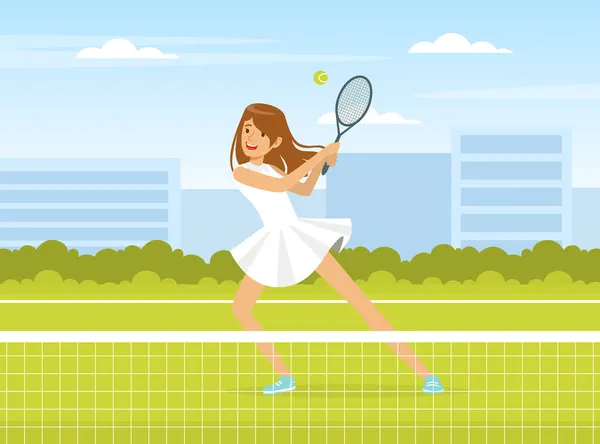 Olympischer Sport: Frau schlägt Ball mit Schläger spielt Tennis Vektor Illustration — Stockvektor