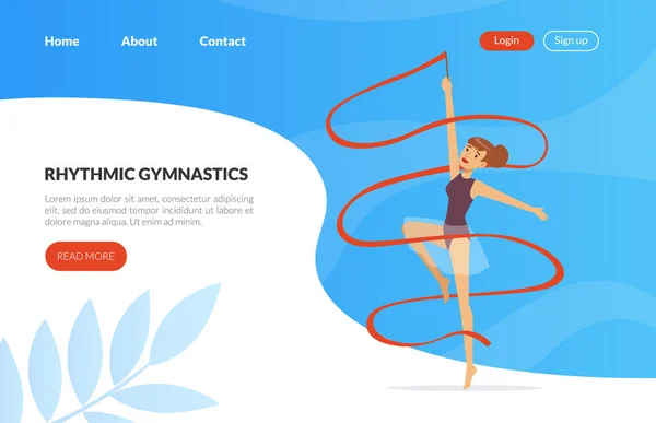 Desporto Olímpico com Mulher Fazendo Ginástica Rítmica com Fita Vector Landing Page Template — Vetor de Stock