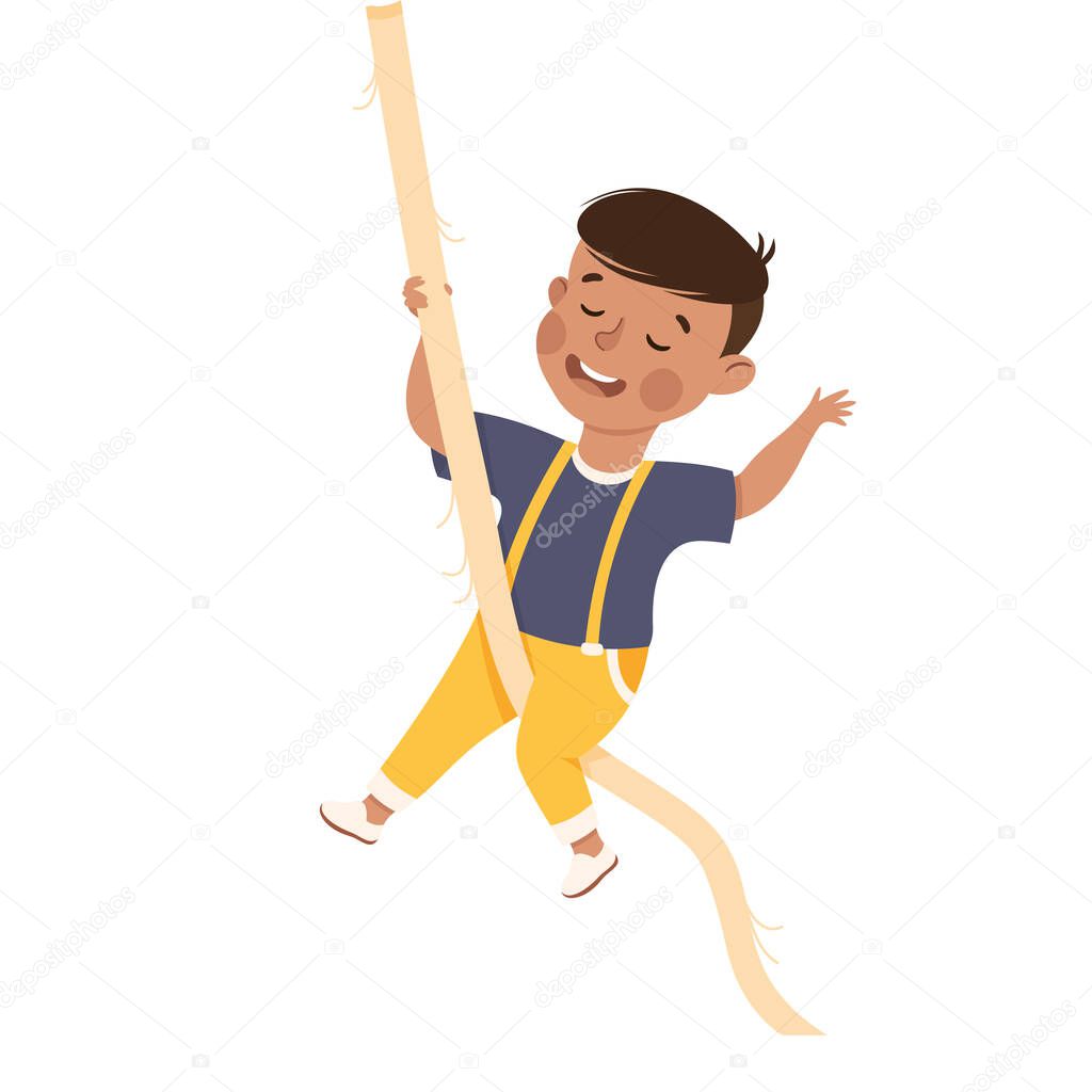 Happy Boy Swinging on Rope Having Fun Enjoying Summer Vector Illustration