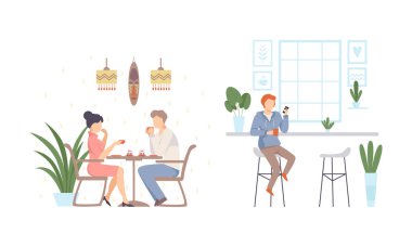 Erkek ve Kadın Kafe 'de oturuyor Tatlı yiyor ve akıllı telefon vektör seti kullanıyor