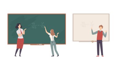 Öğretmen ya da Üniversite Profesörü Tebeşir Kurulu 'nun önünde duruyor Ders Vektörü Ayarları