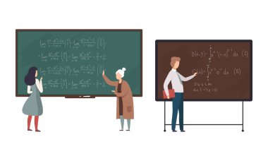 Öğretmen ya da Üniversite Profesörü Tebeşir Kurulu 'nun önünde duruyor Ders Vektörü Ayarları