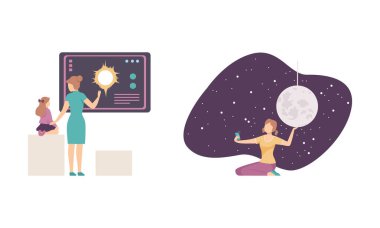 Astronomi ve Gece Gökyüzü Vektörü Seti hakkında bilgi edinmek için Gökevini Ziyaret Eden Halk Karakteri